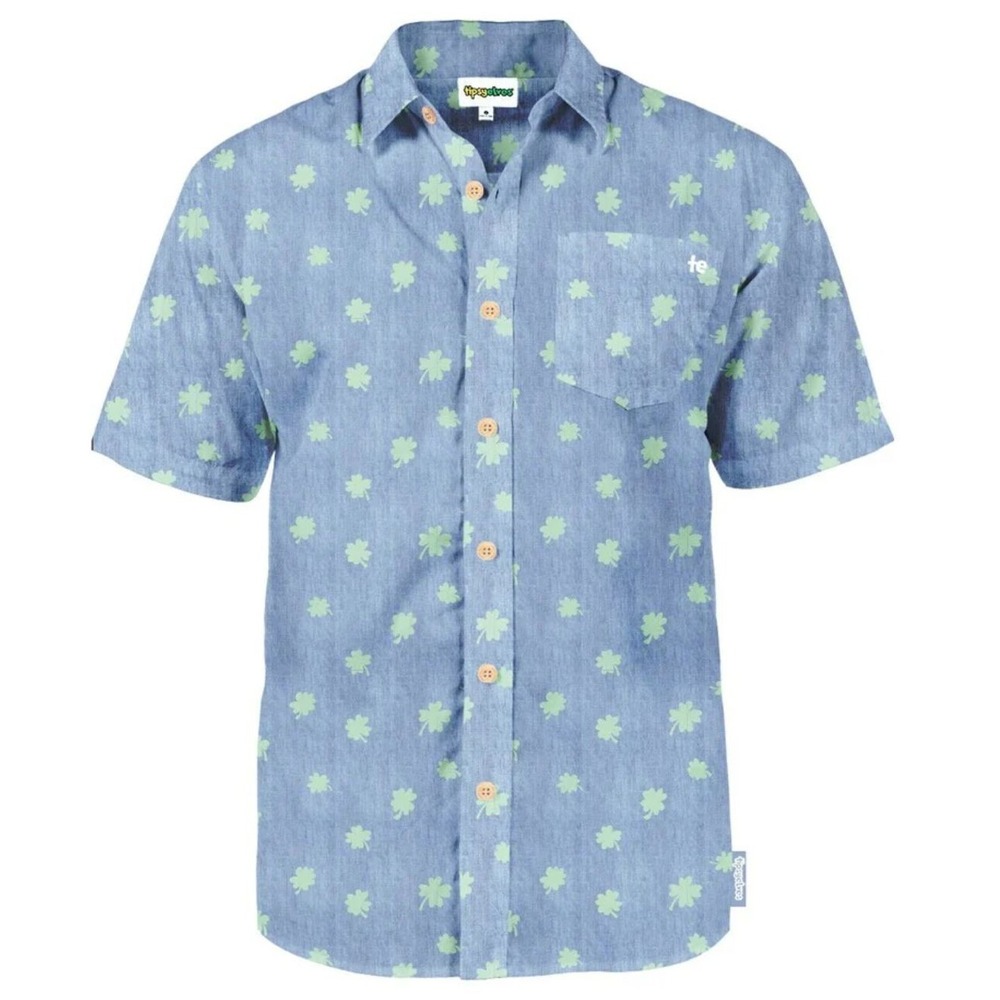 Tipsy Elves Mens Blue Clover Button-Up Short Sleeve Shirt st patrick